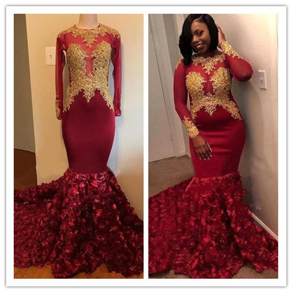 

black girls dark red prom dresses 3d rose flowers mermaid long sleeve with gold appliques sweep train evening gowns formal
