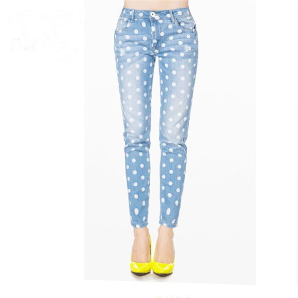 

spring women fashion slim water wash bleached dot print casual skinny jeans female trendy pencil style denim pants cotton bottom, Blue
