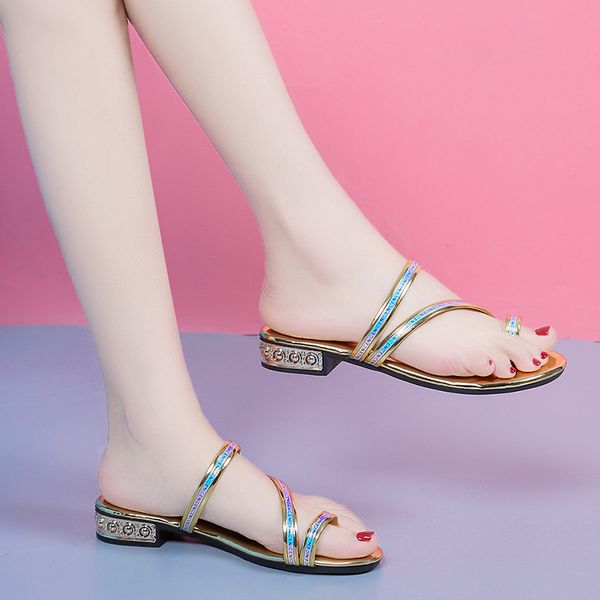 

narrow band clip toe slippers women open toe low heel sandals summer shoes women outdoor metal heel slides sandals 2020, Black