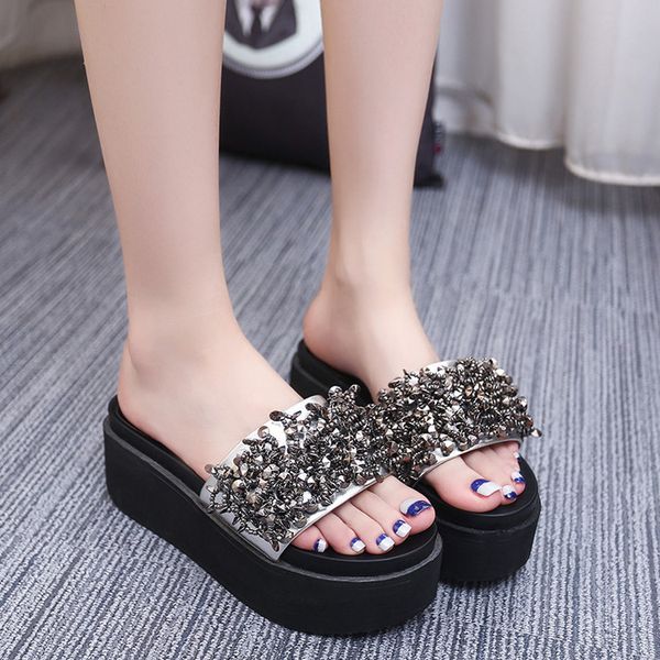 

summer new popular sequins beaded thick bottom muffins sandals and slippers casual wild women's shoes, Black