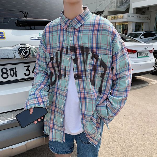 

net red very fairy shirt male handsome plaid jacket korean version of the trend harajuku long-sleeved shirt hip hop wild 60cs, White;black