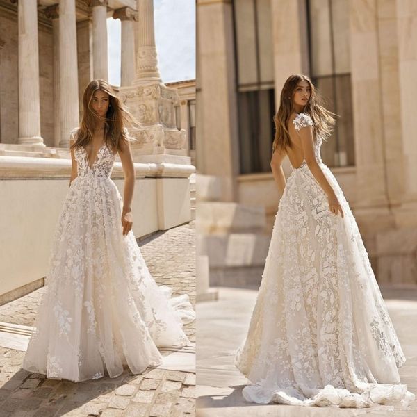 Discount New Berta 2019 Beach Wedding Dresses 3d Floral Applique Lace V Neck Sleeveless Backless Sweep Train Plus Size Bridal Gowns Robe De Mariée