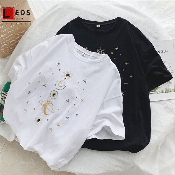 

мода star moon вышивка tee shirt женщина harajuku streetwear женщины тенниска корейские вскользь свободные футболки белой черный tops, White