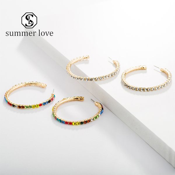 

shining crystal earring for women engagement round drop earrings gold big circle hoop ear fashion wedding jewelry gift -y, Golden;silver