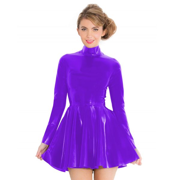 6XL Alta Qualidade PVC Turtleneck Mini Vestido Mulheres Sexy Bodycon Skater Dress Plissado Manga Longa Voltar Zíper Desempenho Clubwear