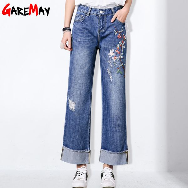 

wide leg embroidery ripped jeans female denim pants with holes baggy jeans flower women loose destroyed denim trousers garemay, Blue