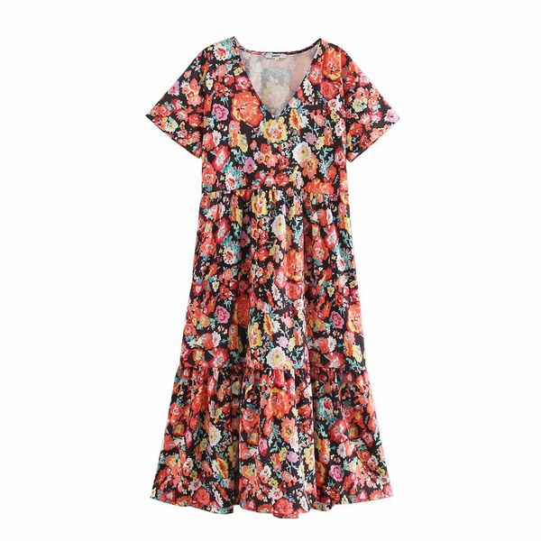 

new 2020 women vintage v neck short sleeve floral print straight dress chic female pleats vestidos casual party dresses ds3704, Black;gray
