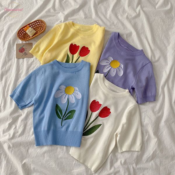 

korean ins flower embroidery knit t shirt female o neck pullover short sleeve tees summer 2020 new short wild lady polyester top, White