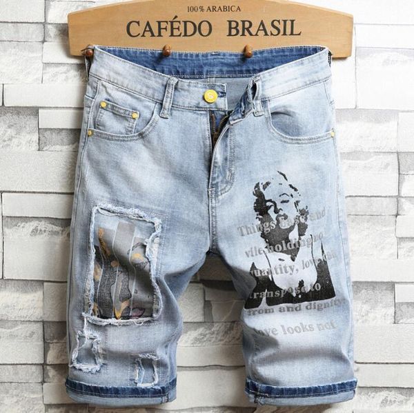 

men's jeans men holes denim shorts summer light blue good quality slim fit thin casual stretch knee length