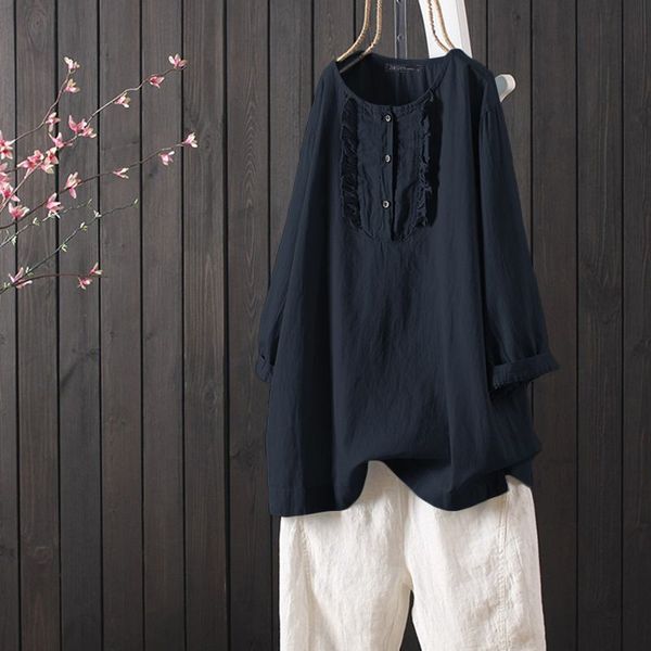 

blusas 2020 zanzea spring vintage ruffles blouse women casual solid long sleeve cotton shirt female tunic chemise robe, White