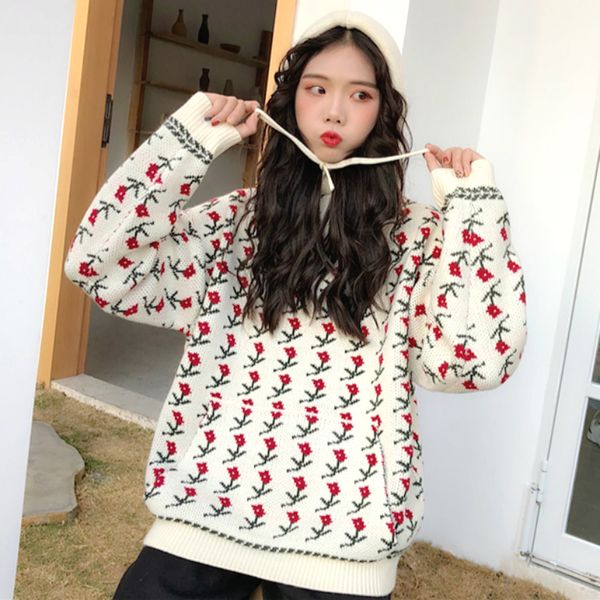 

harajuku fashion hooded knitted women sweater lazy style sweet small flowers pullover female sweater thick warm casual, White;black