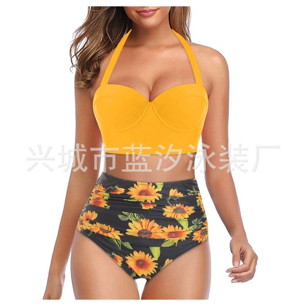 

s-5xl женщины моды подсолнечное printed рукавов бикини установить купальники купальники купальники пляжная одежда 2020, White;black
