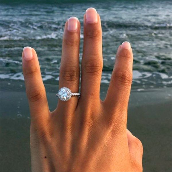 

trendy rings for women s925 silver charms round stone ladies jewelry bridal wedding engagement ring size 4-10, Slivery;golden