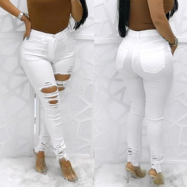 

women's jeans women high waisted skinny elastic denim pants solid color holes broken pencil w313, Blue