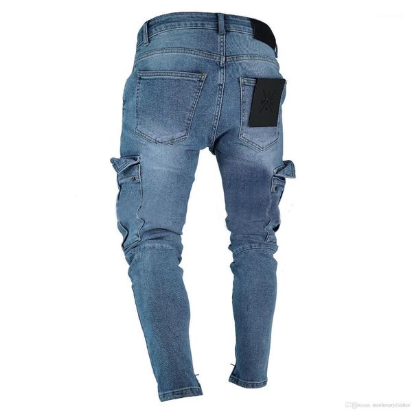 

jean big pockets design pencil pants zipper biker jeans teenage clothing jeans men designer jogger, Blue