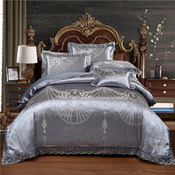 Lace Silk Satin Jacquard Duvet Cover Set Soft Cotton Bed Sheet 4