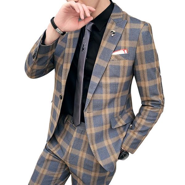 

британский стиль тонкий мужской костюм комплект из двух частей (пальто с брюками) мода проверить осень жених свадебный блейзер банкетный кос, White;black