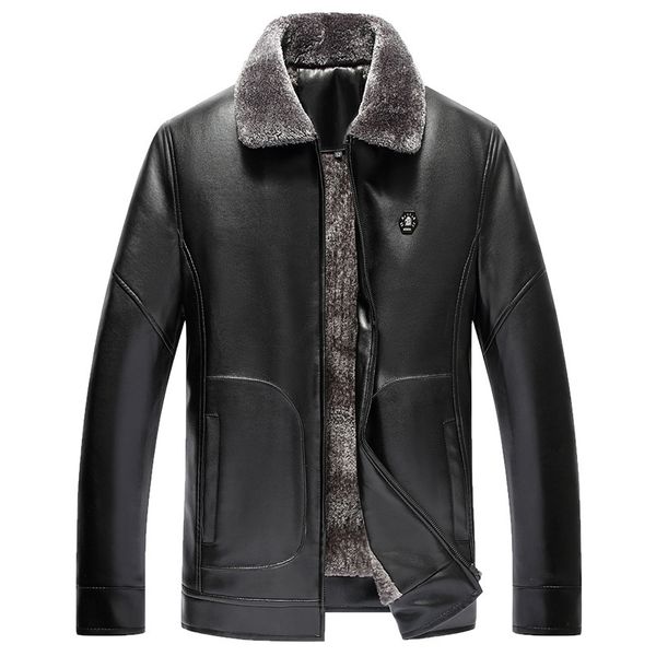 

autumn and winter new style middle-aged men pu leather fold-down collar casual men's wear plus velvet leather jacket middle-aged, Black