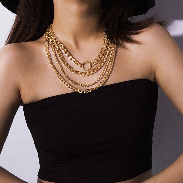 

1 pcs vintage exaggerated chain multilayer necklace geometric crystal circle chunky choker women personality charm jewelry, Silver