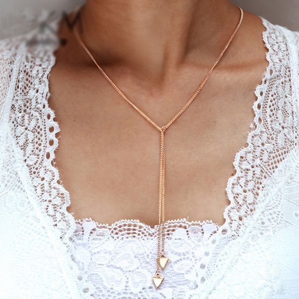 

simple women necklace double triangle pendant gold silver long necklace fashion female glamour costume jewelry accessories