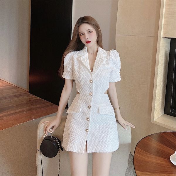 

high waist elegant blazer v-neck pearls button single breasted a-line luxury white jacquard hollow dress women korean mini, Black;gray