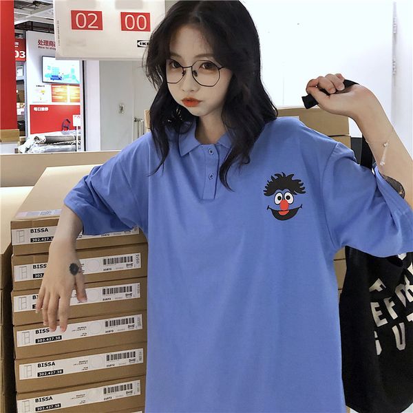

cute cartoon smiling face shirt women short sleeve lapel loose green yellow red blue shirts girl casual ladies summer, White