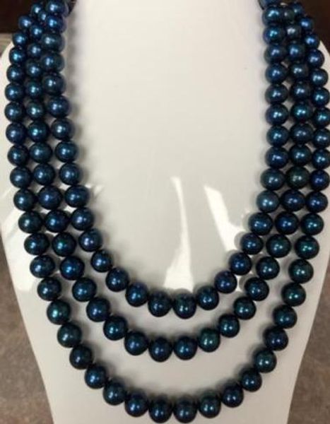 

>>>> 9-10mm black blue pearl necklace 14 k, Silver