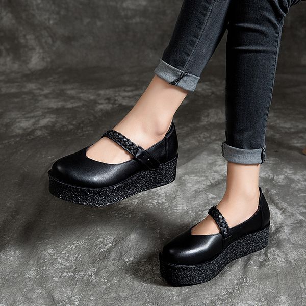 

2019 summer leather shoes thick bottomed slanted heel extra high women's shoes literature and art retro casual comfortable le, Black