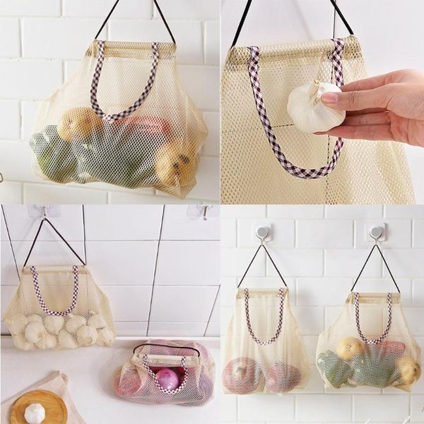 

storage bags 3pcs fruit and vegetable mesh reusable grocery kitchen bag multi-purpose creative wall hanging