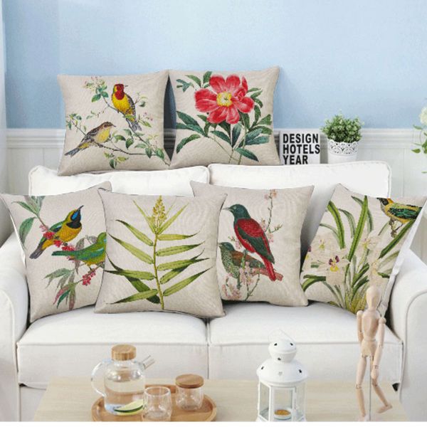 

45*45cm nordic style cotton and linen pillowcase hand-painted flower bird car office home linen large cushion home decoration