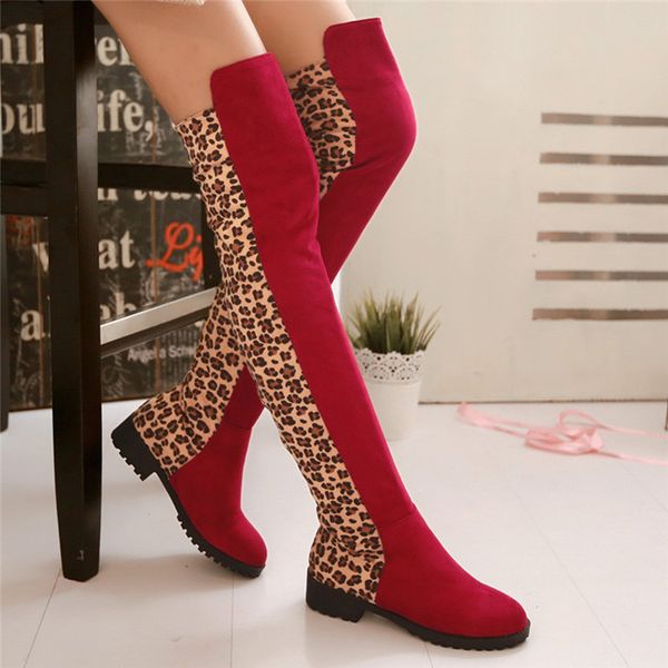 

large size leopard long boots women party slip on boots shoes fashion round toe booties shoes ladies vintage new v22, Black