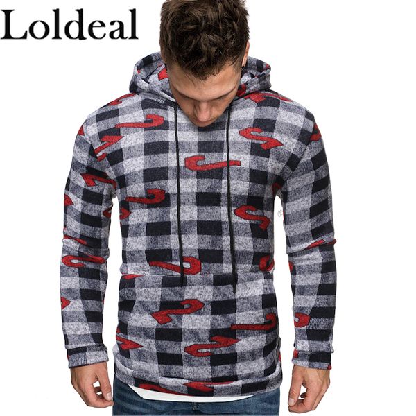 

loldeal men long sleeve hoodie plaid geometric batik slim sweatshirt, Black