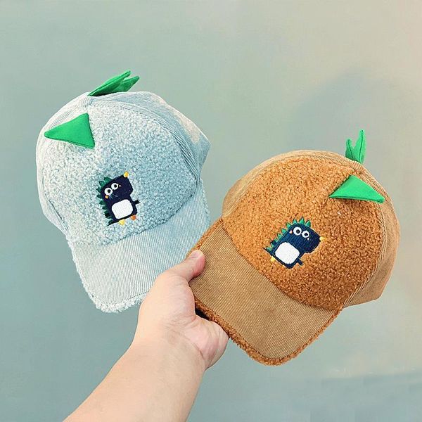

new style autumn winter children hat warm boy girl corduroy baseball cap plush cartoon dinosaur cap bonnet funny wrap, Blue;gray