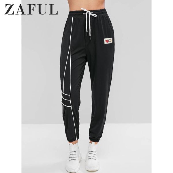 

zaful pockets drawstring slogan patch designs jogging pants high waisted women athleisure flat fall pants letter pattern 2019, Black;white
