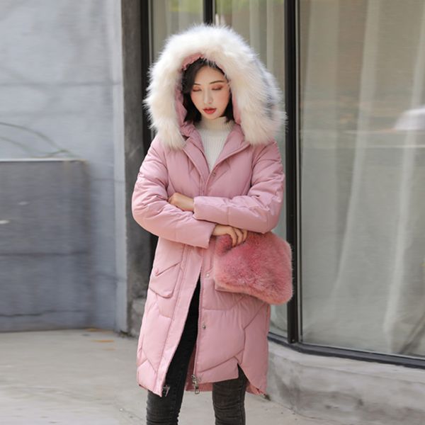 

female long cotton coat 2019 autumn large size fur collar hooded casual warm thick winter student parkas women winter, Black