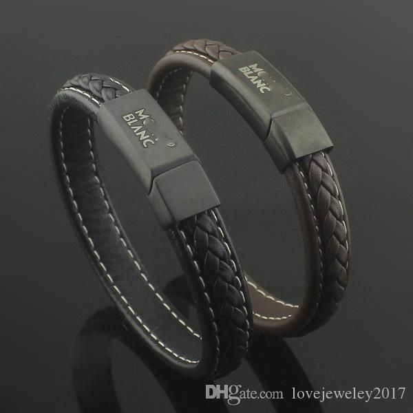 

luxury style woven leather bracelets with metal magnetic buckle design for men black brand logo pulsera luxury bracelet fine jewelry, Golden;silver
