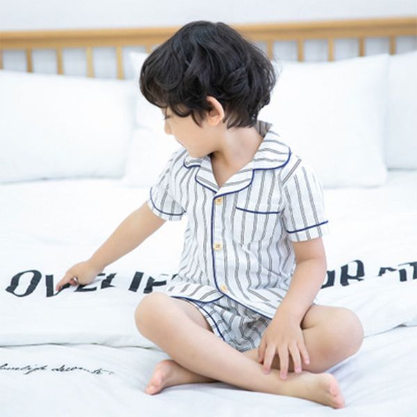 

2020 kid boys summer cotton striped pajamas homewear children loungewear sleepwear sets nightgown 2-7t, Blue;red