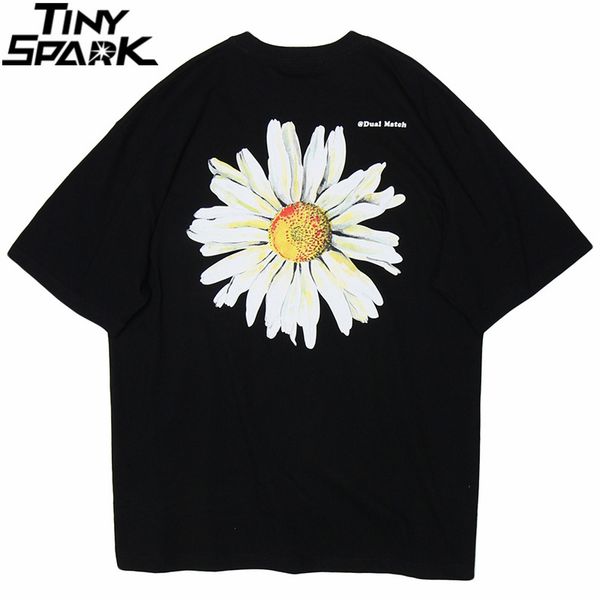 

men's t-shirts men hip hop t shirt streetwear 2021 chrysanthemum daisy t-shirt summer harajuku tshirt cotton short sleeve black tee fl, White;black