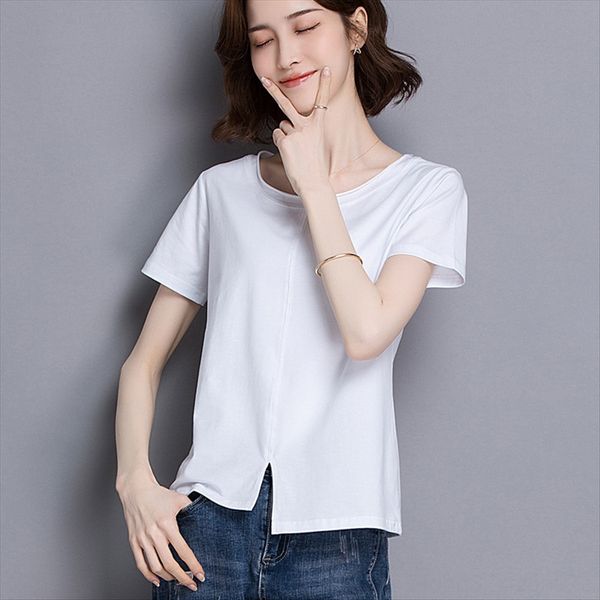 

irregular short-sleeved t-shirt women's sense of design 2020 loose solid color t-shirt women's, White