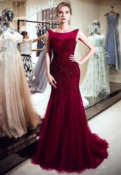 

fashion crystal dresses round neck open back beading mermaid wine red tulle long party formal evening dresses women prom dresses, Black;red