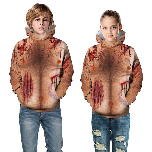

halloween chest hair printed girls boys hoodies kids hooded sweatshirt children casual loose clothes 3d hoodie jackets coats, Black