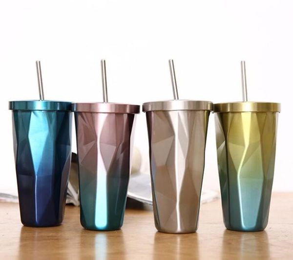 

500 мл двойной стены из нержавеющей стали градиент ромбовидной формы вакуумной изоляции бутылки тур кофейная кружка с соломой