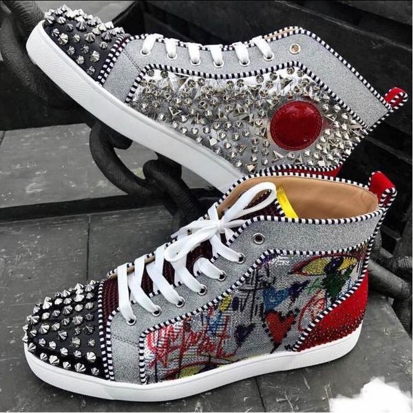 

with box] graffiti leather + high + rhinestone sneakers shoes luxury party wedding crystal red bottom women's men's louisflats sa, Black
