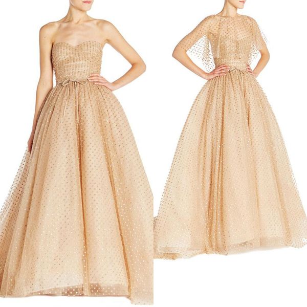 Vendita calda Una linea Prom Dresses Sweetheart Gold Paillettes Sweep Train Abiti da sera Monique Lhuillier Occasioni Abiti formali