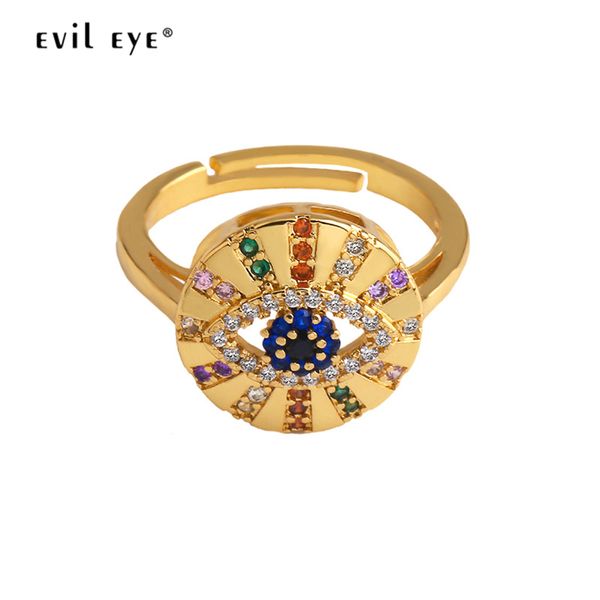 

evil eye colorful zircon ring adjustable size golden copper micro pave turkish eye ring fashion jewelry for women ladies le187, Golden;silver