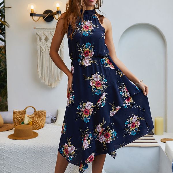 

women bohemian dress sleeveless floral printed dress neck hanging irregualar, Black;gray