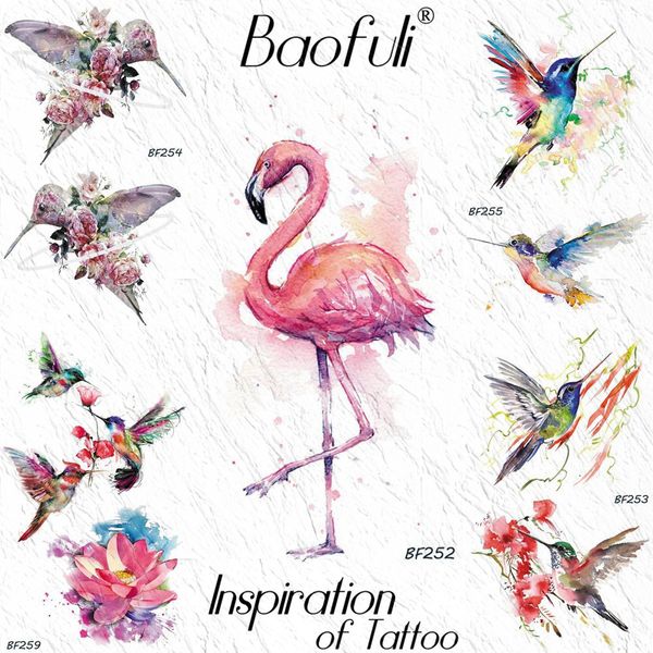 Acheter Baofuli Sexy Aquarelle Flamingo Tatouage Temporaire Autocollant Imperméable Colibri Fleur Aquarelle Tatouages Femmes Hommes Faux Tatouages