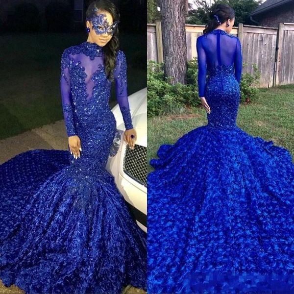 

Luxury Long Tail Royal Blue Black Girls Prom Dresses 2019 High Neck Long Sleeves Beaded Handmade Flowers Mermaid Evening Party Gowns