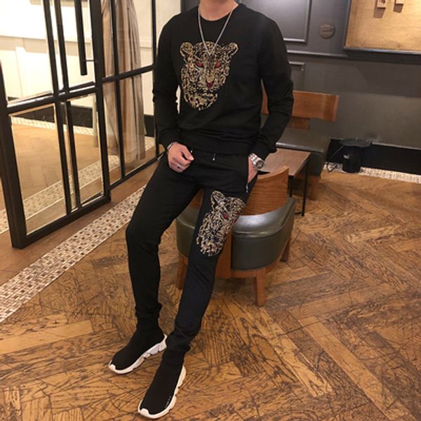 

mens set leopard rhinestone beading black sweatshirts long sleeve t shirt with pants elastic waist mens set fashion/studio/bling style