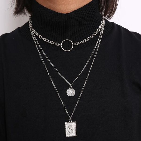 

diezi multilayer vintage gold silver color coin circle letters pendant necklace punk geometric choker necklaces for women men